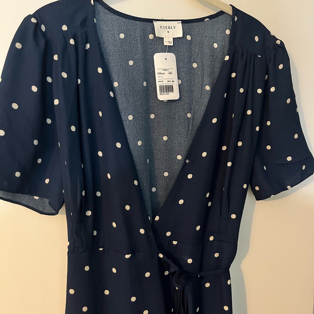 NWT Everly Cream and Navy Polka Dot Dress
